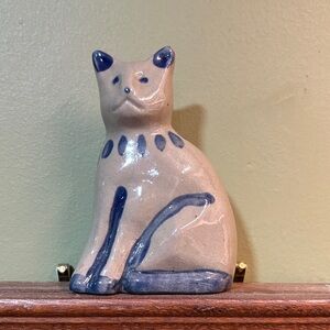 Ceramic Cat Figurine with Blue Accents